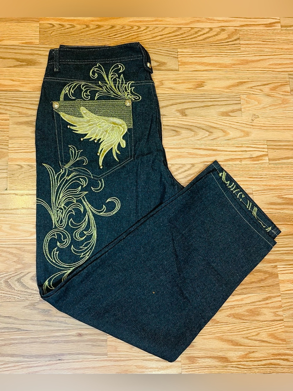 Men’s W40 XXXL Dark Wash Jeans Gold Embroidered Wings Biker Y2K Studded Denim